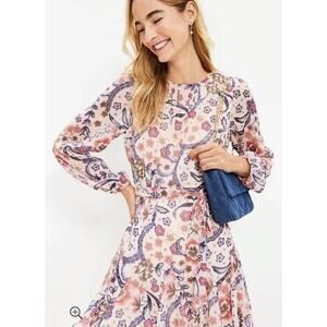 NWT LOFT Pink Floral Belted Mini Dress Long Sleeve Summer Vacay Beachy Size 8